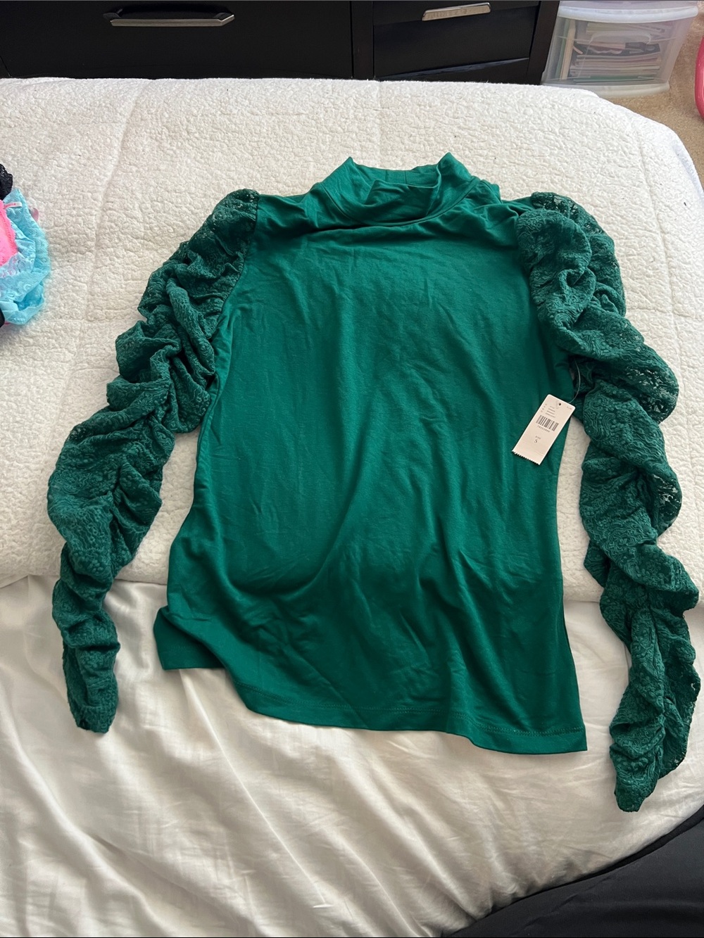 Maeve by Anthropologie Green Puff- lace Sleeve Turtleneck Women's Top size S